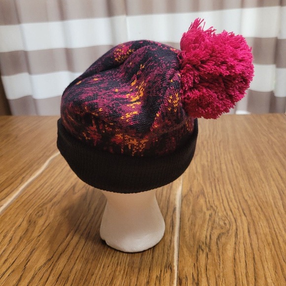 Columbia Beanie Hat Adult Black Magenta Cuffed Pom Pom Knit Winter Toboggan - Picture 3 of 7